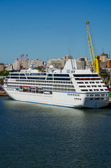Classic Oceania Cruises cruise ship or cruiseship liner Insignia in port of Montevideo, Uruguay...