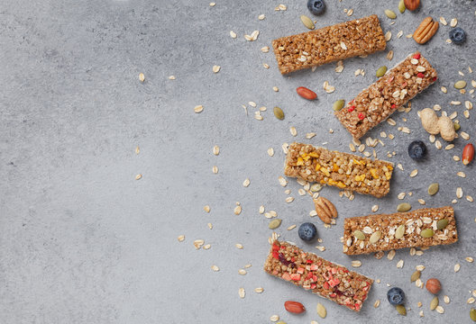 Superfood Breakfast Bars With Oats, Berries And Nuts. Top View 