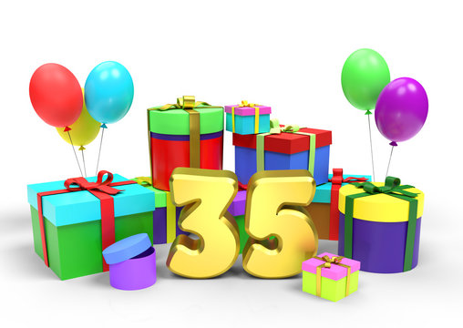 Happy birthday or anniversary. Golden number thirty five among a lot of bright multi colored gift boxes and festive balloons on white background. 3d rendered image