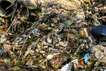 garbage thrown out in nature among grass. Waste polluting world. The concept of ecology and environmental pollution.