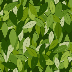 seamless pattern of tea leaves on a green background. Vector image