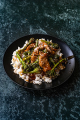 Delicious Asian Teriyaki Beef with Broccoli, Rice and Sesame Seeds.