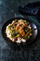 Delicious Asian Teriyaki Beef with Broccoli, Rice and Sesame Seeds.