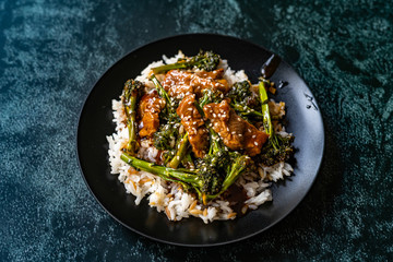 Delicious Asian Teriyaki Beef with Broccoli, Rice and Sesame Seeds.