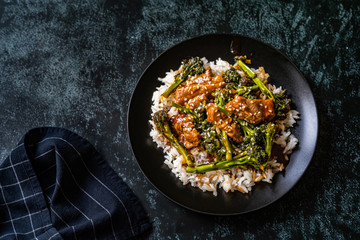 Delicious Asian Teriyaki Beef with Broccoli, Rice and Sesame Seeds.