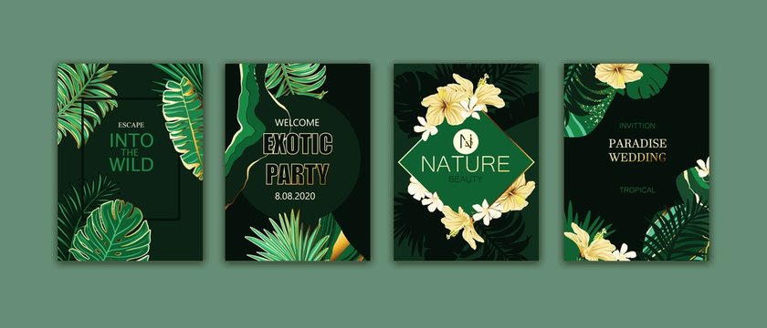 Set of elegant brochure, card, background, cover.Green and golden marble texture. Geometric frame. Palm, exotic leaves. Save the date, invitation, birthday card design.