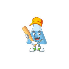 Blue chemical bottle cartoon design concept of hold baseball stick