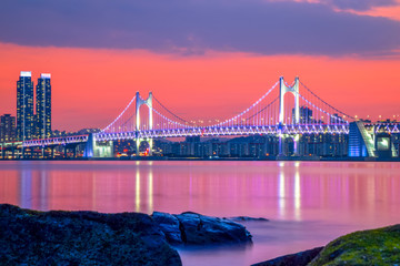 Gwangan Bridge and Haeundae at Sunset, Busan City, South Korea.