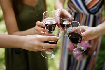 Girls Drink red wine enjoy to party outdoor on green background, Business People Party Celebration Success Concept