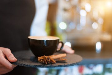 Closeup female hands are holding tray with cup of aromatic coffee with cinnamon. Barista woman prepared, brewed espresso, americano, latte cappuccino using professional machine in cafe, restaurant.