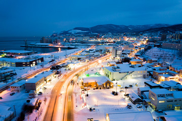 
aerial panoramic view of Otaru city of winter time in Hokkaido,Japan 