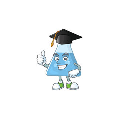 Mascot design concept of blue chemical bottle proudly wearing a black Graduation hat