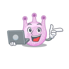 Cartoon character of viridans streptococci clever student studying with a laptop