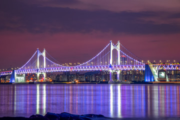 Gwangan Bridge and Haeundae at Sunset, Busan City, South Korea.