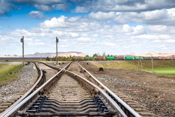 Obraz premium Railway track Railway rails. Arrow and denouement.