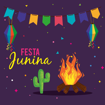 festa junina poster with bonfire and icons traditional vector illustration design