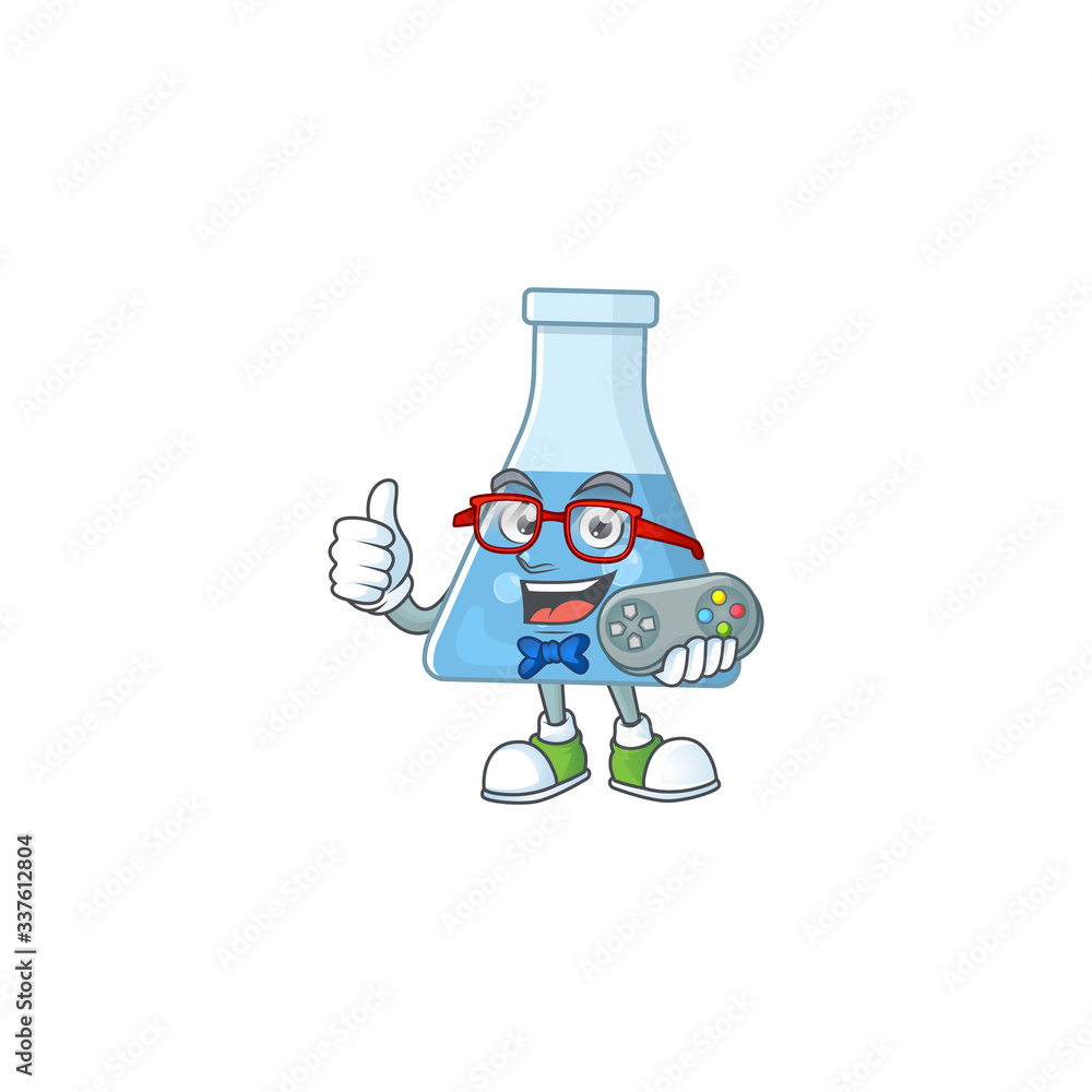 Wall mural Blue chemical bottle talented gamer mascot design play game with controller