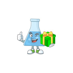 Smiley blue chemical bottle cartoon character holding a gift box
