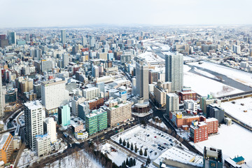 Fototapeta na wymiar aerial view of Sapporo city skyline in winter