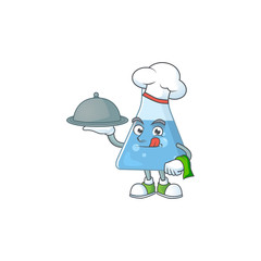 A blue chemical bottle chef cartoon design with hat and tray