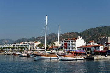 Fototapeta na wymiar Sea vessels at the embankment of the Turkish city of Marmaris