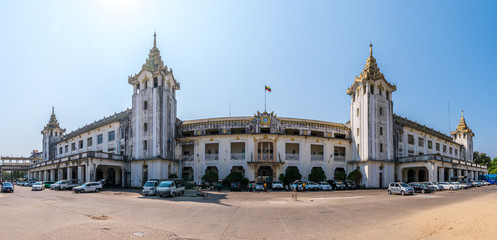 A train coming to flatform at the Central Railway Station in Yangon, Myanmar. Yangon is the country main centre for trade, industry and tourism.