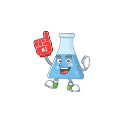 Cartoon character concept of blue chemical bottle holding red foam finger