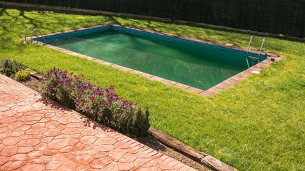 Small swimming pool in a cozy small garden with flowers and a very green lawn.