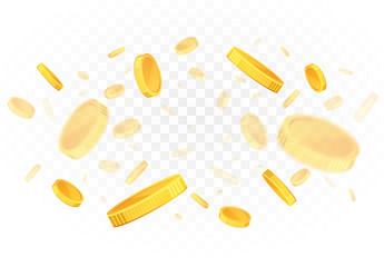 Explosion of falling gold coins on a transparent background.
