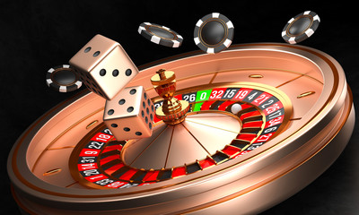 Casino background. Luxury Casino roulette wheel on black background. Online casino theme. Close-up...