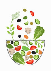 Sliced vegetables falling into a salad bowl. A set of elements for cooking. Vegetables in pieces, herbs. Vector illustration. The concept of cooking.
