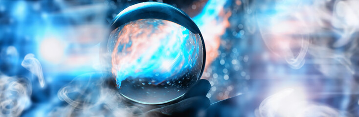 Astrological background. Crystal ball with predictions. Horoscope of the stars. Fortune telling and...
