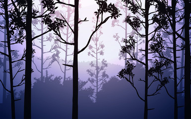 Natural forest mountains horizon hills silhouettes of trees. Evening Sunrise and sunset. Landscape wallpaper. Illustration vector style. Colorful view background.