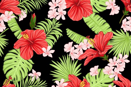 Seamless pattern with hibiscus flowers and tropical palm leaves. Exotic endless background, wallpaper.