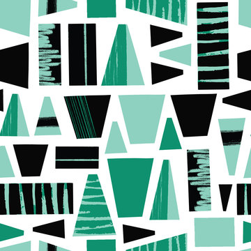 Seamless vector background abstract black teal green shapes. Geometric tribal style repeating pattern with trapezoids and blocks. Modern art grunge shapes pattern. 