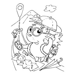 cute hedgehog traveler with many of gadgets. coloring. Doodle art. beautiful summer print on a t-shirt or your website