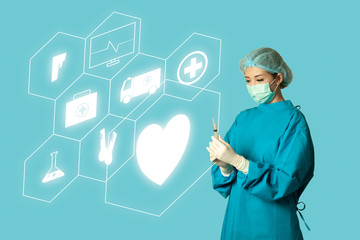 Medical Staff wearing face mask, virus protection with innovative of futuristic medical graphic info, safe from virus outbreak for medical, wellness, healthy and technology  concept