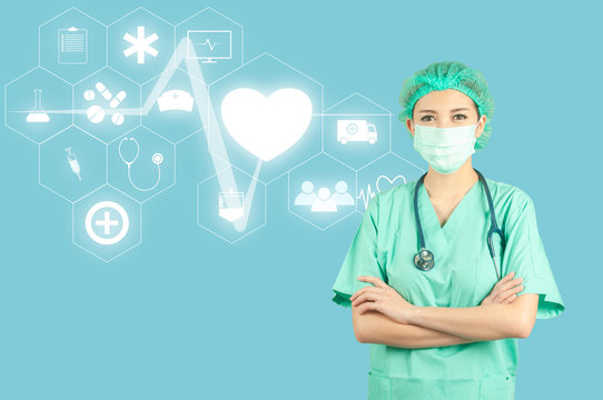 Medical Staff wearing face mask, virus protection with innovative of futuristic medical graphic info, safe from virus outbreak for medical, wellness, healthy and technology  concept