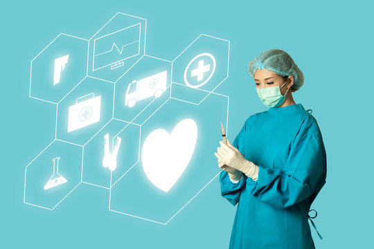 Medical Staff wearing face mask, virus protection with innovative of futuristic medical graphic info, safe from virus outbreak for medical, wellness, healthy and technology  concept