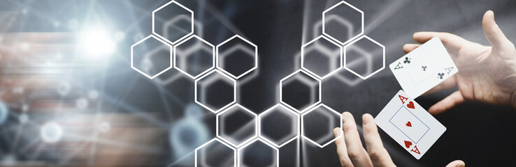 The concept of card tricks and presentations. The concept of a cheater in games. Flying cards in the air. A magician raises cards with the power of thought.