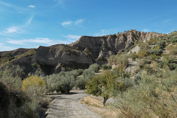 Mountains with huge rocks. Green grass and tress under the blue sky with white clouds.