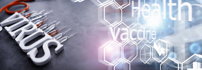 Double exposure. Medical background. Coronavirus wooden letters. Background of the deadliest...