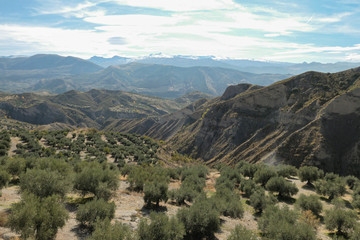 Naklejka premium Mountains with snow on the top. Green hills under the blue sky with white clouds.
