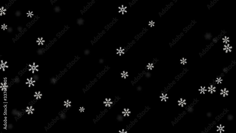 Poster snow snowfall snowflake particles seamlessly loop black alpha green screen animation. snowflakes in 