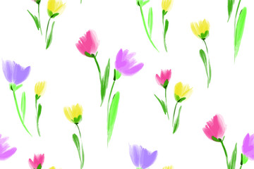 Floral seamless background pattern. Tulips flowers hand drawn, vector. Spring summer. Fabric swatch, textile design, wrapping