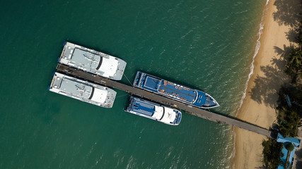 Docked ferrys during covid 19 lockdown - Birds eye view -Koh Samui - Thailand - drone photo