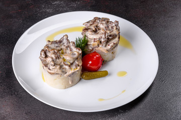 Delicious beef stroganoff with soft mashed potatoes