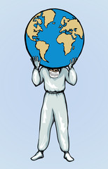 Atlas doctor keeps the earth on their shoulders. Vector drawing icon