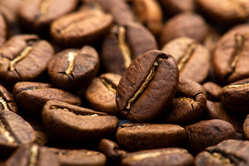 Coffee beans close-up background. Fresh roasted
