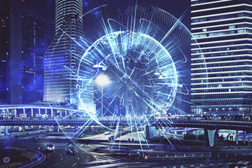 Double exposure of business theme hologram drawing and city veiw background. Concept of success.
